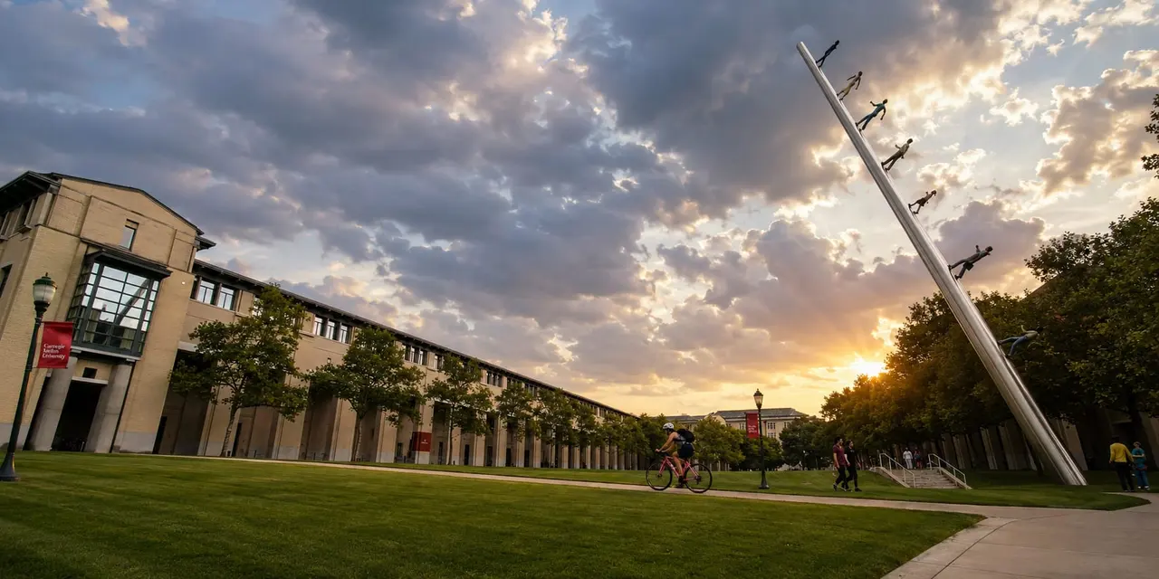 Carnegie Mellon's campus at sunset, with the Walking to the Sky sculpture.